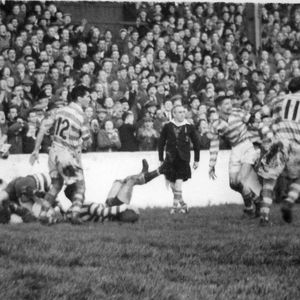 Harry Ogden gets over the Leigh line only for the try to be disallowed - Nov 8th 1952..
