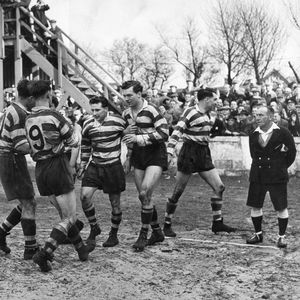 Frank Pitchford is congratulated by his team-mates after scoring v Leigh - April 16th 1955..