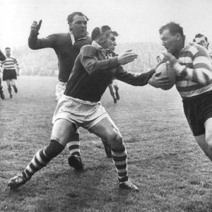 Don Vines drives into the heart of the Leigh defence - \sep 19th 1956.