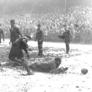 Stan Owen dives through a dejected Oldham defence for the clinching score in the 77th minute - Feb 23rd 1957.