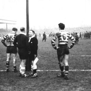 Tom Parker, Alan Kellett and Geoff Sims line up after a Hodgkiss try at Leigh - March 10th 1962.
