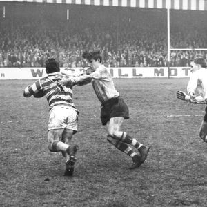 John Donovan tackles Entwistle, the Leigh scrum half with Geoff Sims in support - March 28th 1964.