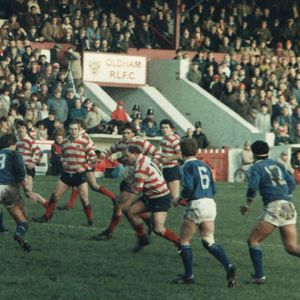 Mick Morgan in possession. Oldham v Leigh - Jan 8th 1984.