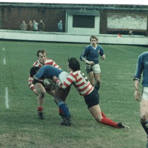 Jimmy Hornby and Paddy Kirwan make a tackle. Oldham v Leigh - Jan 8th 1984.