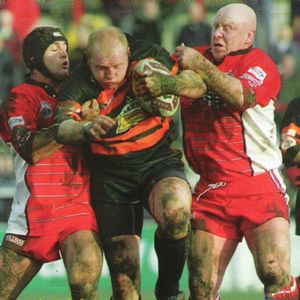 Jason Clegg drives into the Leigh defence - Feb 20th 2000.