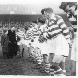 Oldham line up to meet the Earl of Derby before the match against Liverpool - Dec 24th 1949.