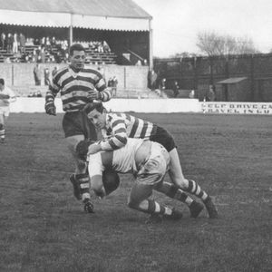 John Donovan makes a tackle with Dave Parker and Mike Elliott in support v Liverpool - Nov 6th 1965.