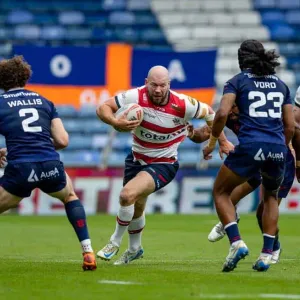 Brad Day takes on the Broncos defence. Ben O'Keefe and Tom Nisbet are in support. Oldham v London Broncos, Sunday August …