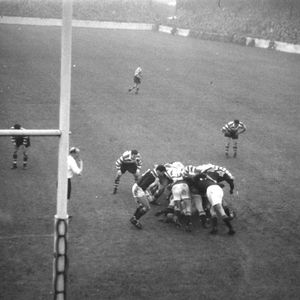 A scrum v The Kiwis in front of the Hutchins Stand - Oct 29th 1955.