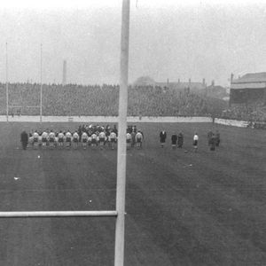 Oldham v NZ. The teams line up for the anthems before kick off - Oct 29th 1955.