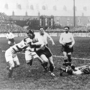 Bob Sloman takes on the Rochdale defence - Oct 25th 1924.