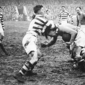 Tommy Ayres makes a tackle v Rochdale - Jan 1st 1947.