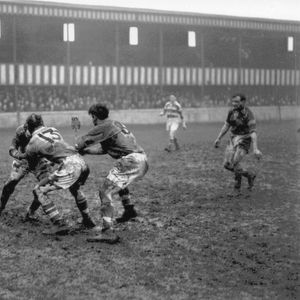 Albert Fearnley (13) and Les Anthony (8) get to grips with a Rochdale player in the first match of the 1950s - Jan 2nd …