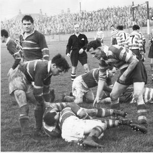 A remarkable photo taken at the Athletic Grounds which shows nine Oldham players. Don Vines struggles for the ball with …