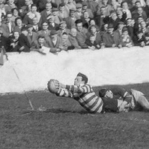Brian Lord scores despite the tackle from Trevor Simms - April 3rd 1961.