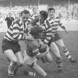Vince Nestor and Trevor Simms get to grips with a Rochdale player - Oct 26th 1963.