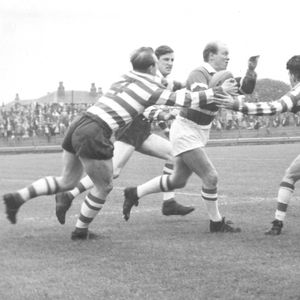 Bill Patterson, Vince Nestor and John Donovan close in on a Rochdale attacker - Aug 15th 1964.