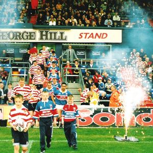 Leo Casey and Willie Swann leads out the teams. Oldham v Rochdale: Oldham Borough 150th anniversary Charter Day …