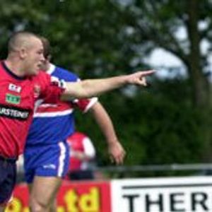 Gavin Dodd celebrates after his length of the field try v Rochdale - June 5th 2005.