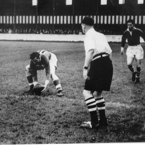 Harold Tomlinson picks up a loose ball watched by namesake Arthur (left) and Alan Davies. Oldham v Salford - Oct 7th …