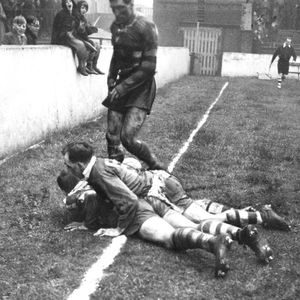 Referee, Mr. Wilson points for a try to Alan Davies v Salford - April 7th 1959.