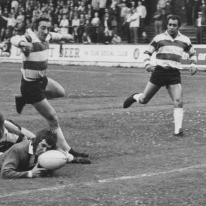Salford's Phil Orr is tackled just short of the line by Alan Ogden while Jos Collins and Mike Elliott look on - July …