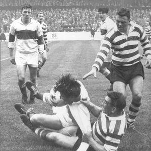Len McIntyre make a tackle with Alf Mumberson in support - Aug 13th 1960.