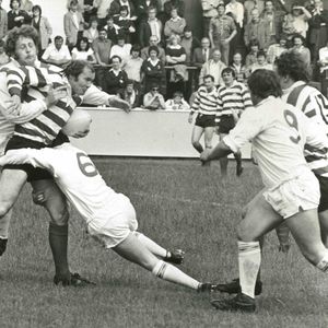 Bill Francis is well held by the Saints defence - Aug 12th 1979.