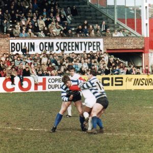Mick Parrish and Terry Flanagan make a tackle v St Helens - April 1st 1984.