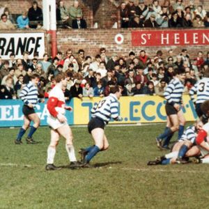Alan Sinclair and Alan McCurrie make a tackle. St Helens v Oldham - April 1st 1984.