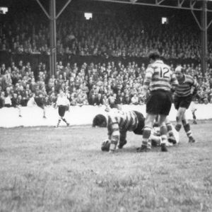 Harry Ogden scores as Sid Little and Bryn Day watch on - Aug 30th 1952.