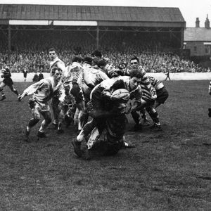 Albert Blan is tackled watched by Ken Gowers, Tom Grey and Brian Hatherell - Dec 26th 1960.