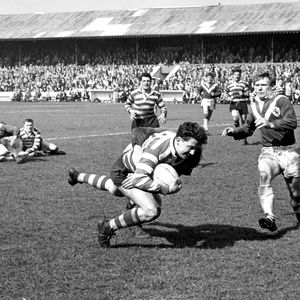 Mike Bird falls to a Swinton tackle - April 28th 1962.