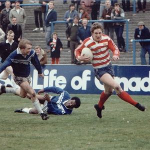 Mick Parrish breaks away to score at Station Road - April 4th 1982.