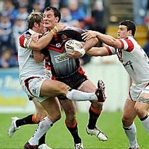 Roughyeds captain Rob Roberts is caught by Oliver Wilkes (left) and Jay Pitts - June 1st 2008.