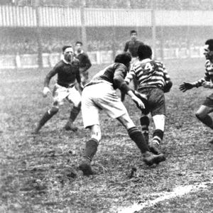 Oldham v Warrington. Players l to r: B Jolley, F Ryder, J Tranter, M Leyland, E Davies, J Corsi, A Frowen, F Williams, G …
