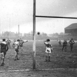Ganley kicks a penalty goal in the cup tie v Warrington - March 6th 1954.