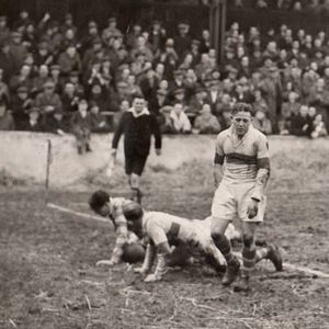 Joe Warham scores one of his three tries to the dismay of the Whitehaven defenders - Feb 18th 1950.
