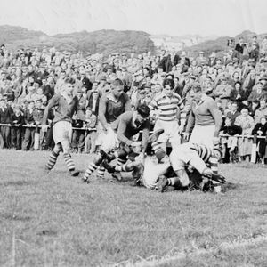 A scramble near the Oldham try-line with several Whitehaven and Oldham players involved as Ken Ward (left) and Joe …
