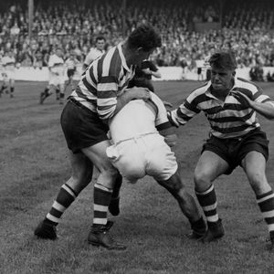 Derek Turner and Des McKeown get to grips with a Whitehaven player - Aug 30th 1958.