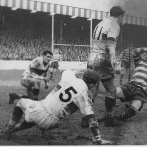 Vincent tackles Jackson. Oldham v Whitehaven - April 18th 1959.