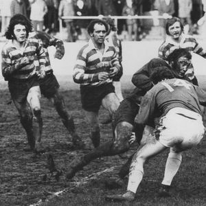 Fred Hall takes on the Whitehaven defence watched by David Treasure, Mike Elliott and Tony Wainwright - March 2nd 1975.