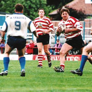 Paul Round takes on the Whitehaven defence watched by Nathan Varley - May 30th 1999.