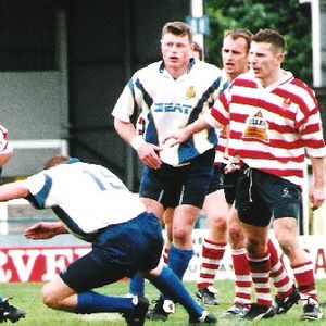 Mike Prescottis caught by two Whitehaven defenders while Laurent Minut looks on- May 30th 1999.