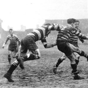 Syd Rix gets a kick away v Widnes - Feb 21st 1925.