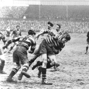 Bob Sloman is brought down after releasing the ball v Widnes - Feb 21st 1925.