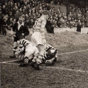 Joe Warham is tackled just short of the Widnes line - March 18th 1950.