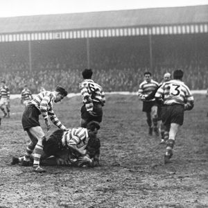 John Etty and Dennis Ayres tackle Major of Widnes - March 25th 1958.