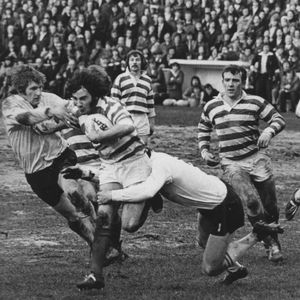 David Treasure takes on the Widnes defence watched by Dickie Brown and Mick McCone - March 9th 1975.