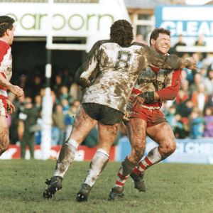 Keith Newton cops a high one from Kurt Sorenson - Feb 25th 1990.